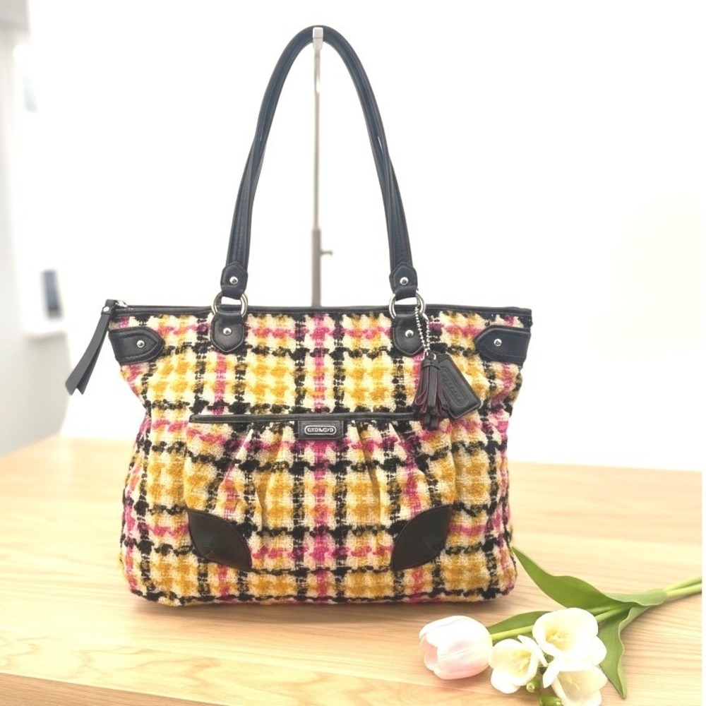 Coach Emma Wool‎ Tweed Tote F25083 Multicolor Leather Trim Shoulder Bag
